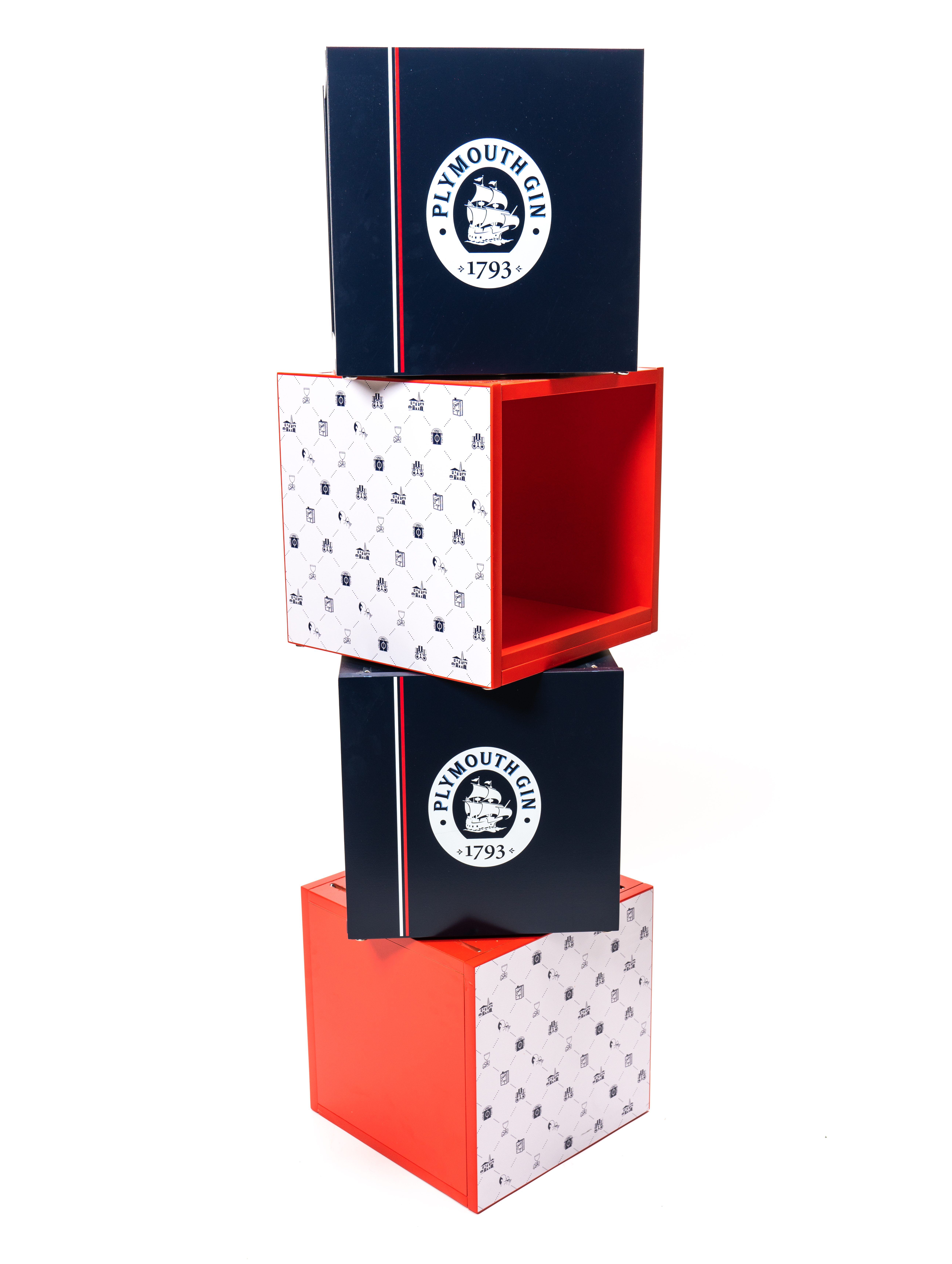 'Plymouth Gin' branded stackable wood display