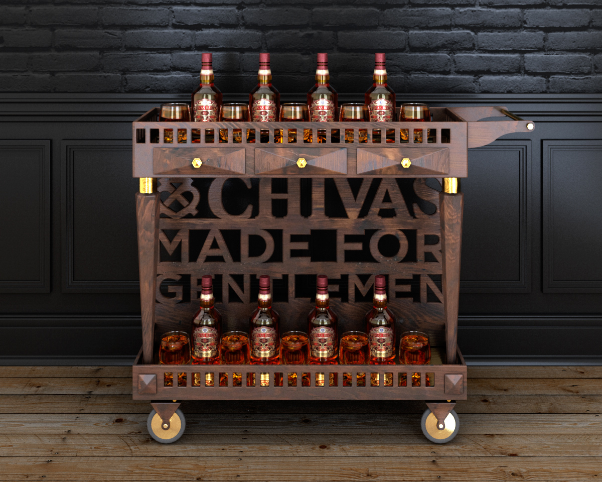 Chivas Regal Wooden Rolling Bar Cart
